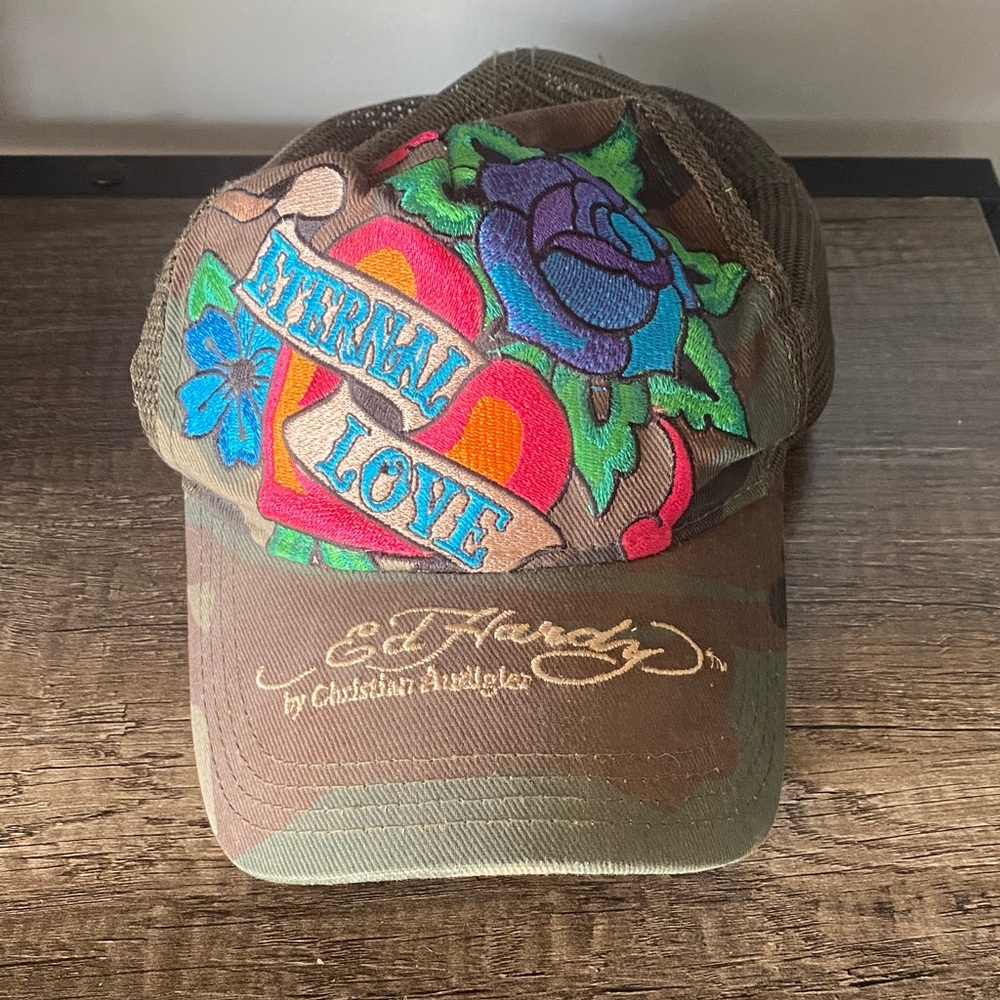 Ed Hardy Brown Cap with Eternal Love Rose Embroidery